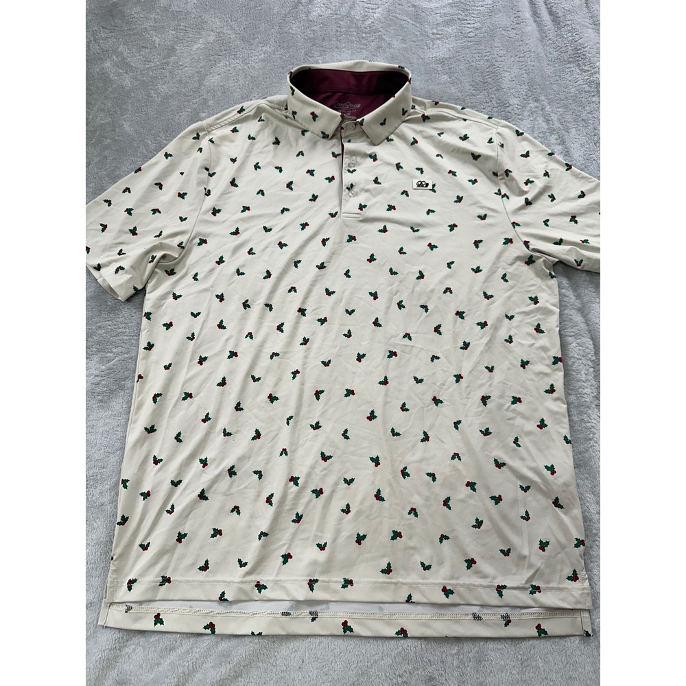 Good Good Golf Polo Shirt Mens Large Cream Holly Berry Christmas Performance Top